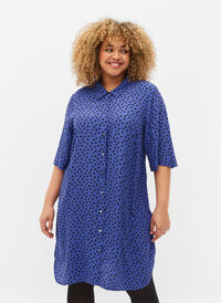 Lang prikket skjorte i viskose, R.Blue w. Black Dot, Model