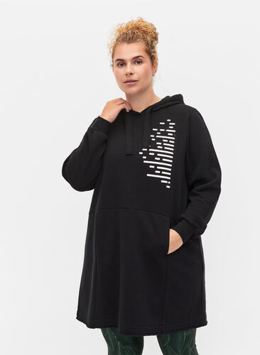Lang sweatshirt med hætte og lommer, Black, Model image number 0