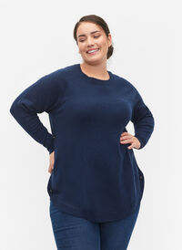 Meleret strikbluse med knappedetaljer, Navy Blazer Mel., Model
