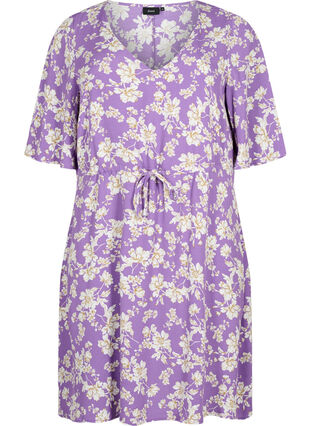 Kjole med 1/2 ærmer og blomsterprint i viskose, Purple Flower AOP, Packshot image number 0
