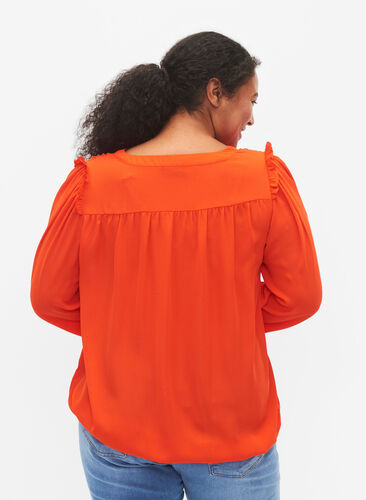 Langærmet bluse med flæsedetaljer, Orange.com, Model image number 1