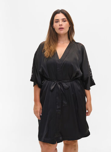 Morgenkåbe med blonder, Black, Model image number 0