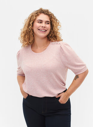 Bluse med korte pufærmer, Old Rose Mél, Model image number 0