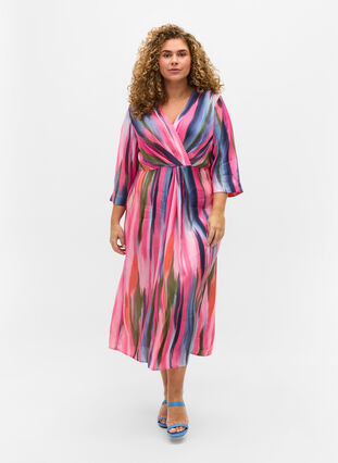 Printet midikjole med 3/4 ærmer, Pink AOP, Model image number 0