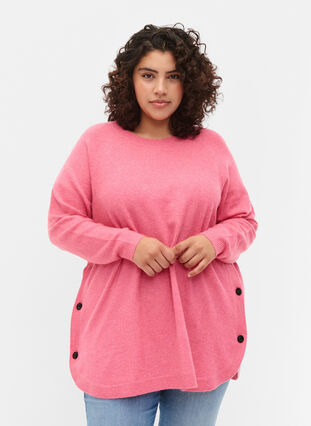 Meleret strikbluse med knappedetaljer, Hot Pink White Mel., Model image number 0
