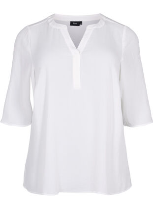 Bluse med 3/4 ærmer og v-hals, Bright White, Packshot image number 0
