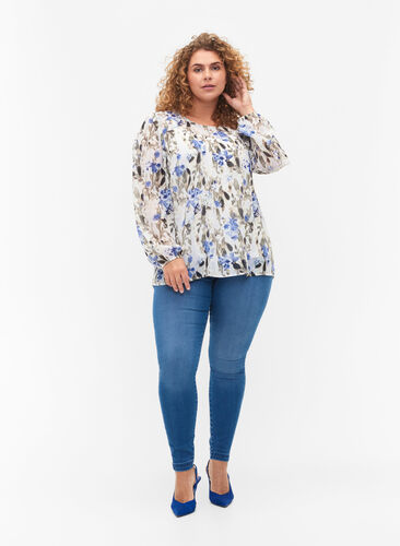 Printet bluse med lange ærmer, Blue Flower AOP, Model image number 2