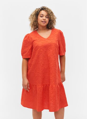 Struktureret kjole med korte pufærmer, Mandarin Red, Model image number 0