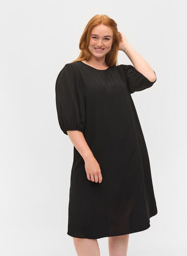 Viskose kjole med rygdetalje, Black, Model image number 0