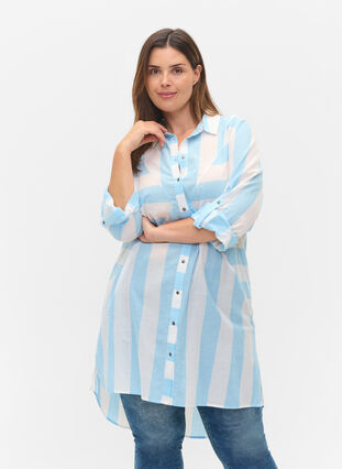 Stribet bomuldsskjorte med 3/4 ærmer, Blue Bell Stripe, Model image number 0