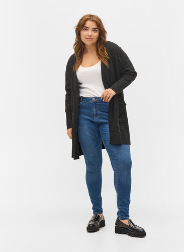 Meleret strik cardigan med lommer, Dark Grey Melange, Model image number 2