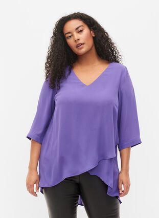 Bluse med 3/4 ærmer og v-hals, Ultra Violet, Model image number 0