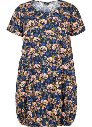 Kortærmet bomuldskjole med print, Blue Orange Flower, Packshot image number 0