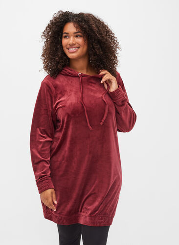 Velour sweatkjole med hætte, Cabernet, Model image number 0