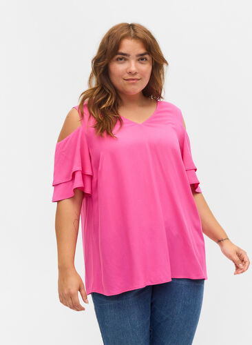 Kortærmet bluse i viskose, Fuchsia Purple, Model image number 0