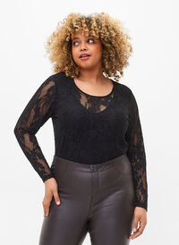 Bodystocking med blonder og lange ærmer, Black, Model