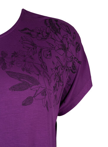 Kortærmet viskose t-shirt med blomsterprint, Grape Juice Flower, Packshot image number 3