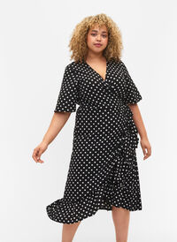 Printet wrapkjole med korte ærmer, Black Dot, Model