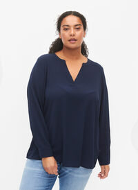 Langærmet bluse med blondedetalje, Navy Blazer, Model