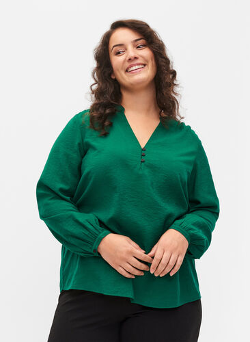 Langærmet bluse i viskosemix, Evergreen, Model image number 0