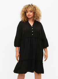 Stribet kjole i viskose med blondebånd og 3/4 ærmer, Black, Model