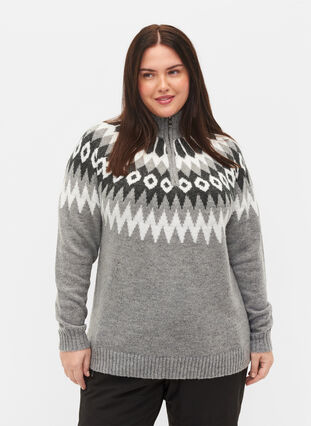Jacquardmønstret strikbluse med høj hals og lynlås, Dark Grey Mel. Comb, Model image number 0