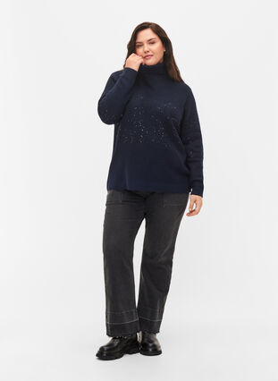 Strikbluse med rullekrave og pailletter, Navy Blazer, Model image number 2