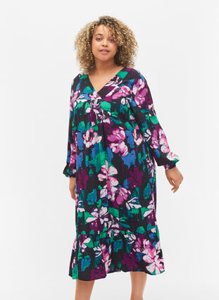 Blomstret midikjole med lange ærmer i viskose, Black Flower AOP, Model image number 0