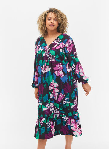 Blomstret midikjole med lange ærmer i viskose, Black Flower AOP, Model image number 0