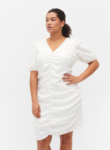 Kortærmet kjole med draperinger og struktur, Bright White, Model image number 0