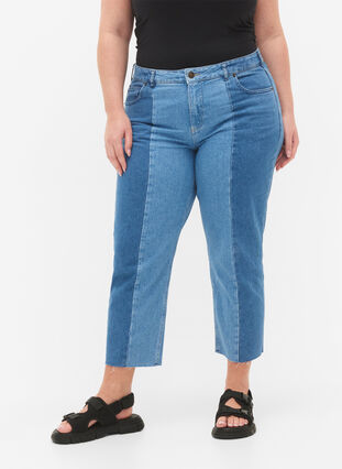 Cropped Vera jeans med colorblock, Blue denim, Model image number 2