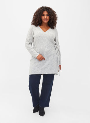 Meleret strik cardigan med wrap, Light Grey Melange, Model image number 1