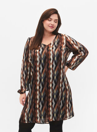 Langærmet kjole med v-hals og print, Earthy Zig Zag, Model image number 0
