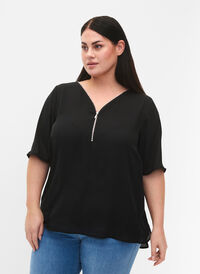 V-hals bluse med lynlås, Black, Model