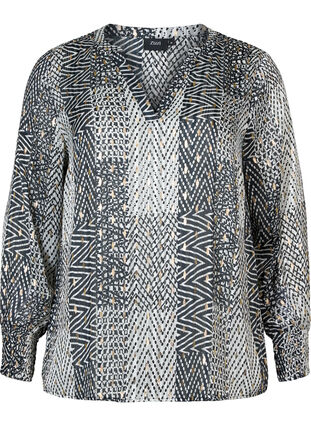 Printet bluse med smock og v-hals, Black Graphic Stripe, Packshot image number 0
