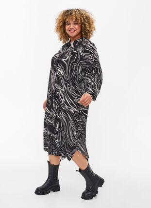 Skjortekjole i viskose med print, Black Swirl AOP, Model image number 0