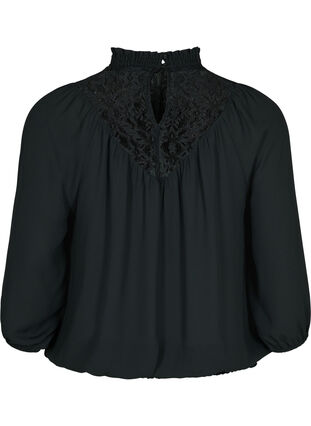 Bluse med blonder og smock, Black, Packshot image number 1
