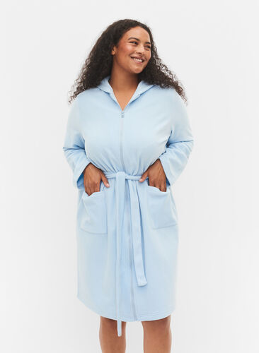 Morgenkåbe med lynlås og hætte, Cashmere Blue, Model image number 0
