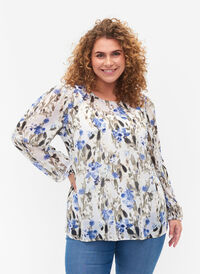 Printet bluse med lange ærmer, Blue Flower AOP, Model