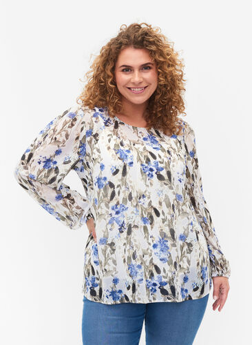 Printet bluse med lange ærmer, Blue Flower AOP, Model image number 0