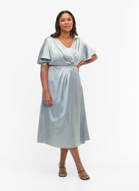 Maxikjole med wrap og korte ærmer, Silver Blue, Model
