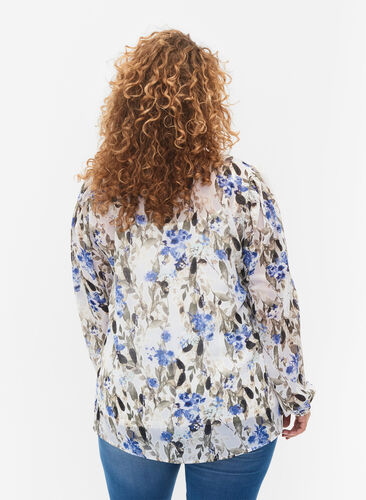 Printet bluse med lange ærmer, Blue Flower AOP, Model image number 1