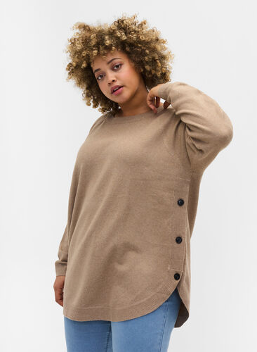 Meleret strikbluse med knappedetaljer, Silver Min Mel., Model image number 0