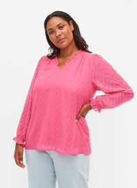Bluse med lange ærmer og flæsedetaljer, Shocking Pink, Model