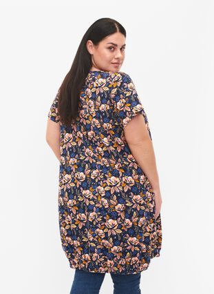 Kortærmet bomuldskjole med print, Blue Orange Flower, Model image number 1