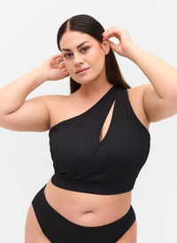 One-shoulder bikini top i rib, Black, Model