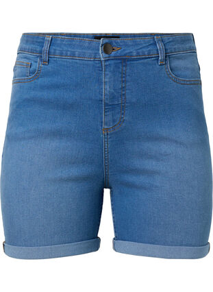 Højtaljede denim shorts med slim fit, Medium Blue Denim, Packshot image number 0