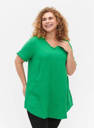 Kortærmet bomulds tunika med flæser., Bright Green, Model image number 0