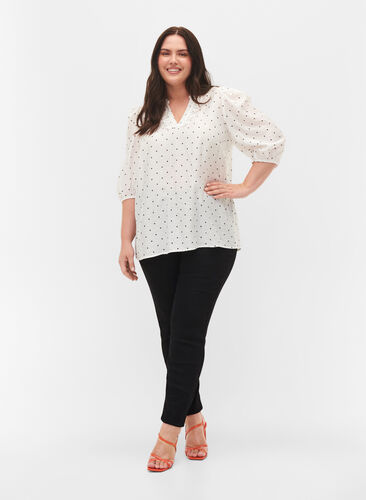 Prikket bluse med 3/4 ærmer i viskosekvalitet, White Dot, Model image number 2