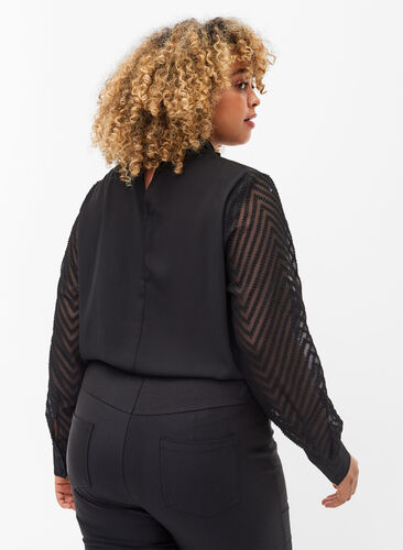 Højhalset bluse med lange transparente ærmer, Black, Model image number 1